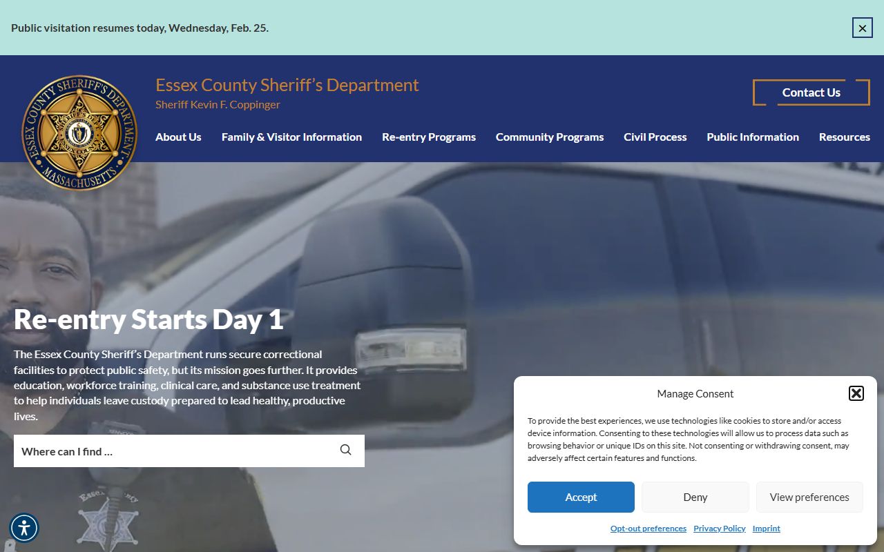 Essex County Sheriff's Office website for Lawrence jail roster search