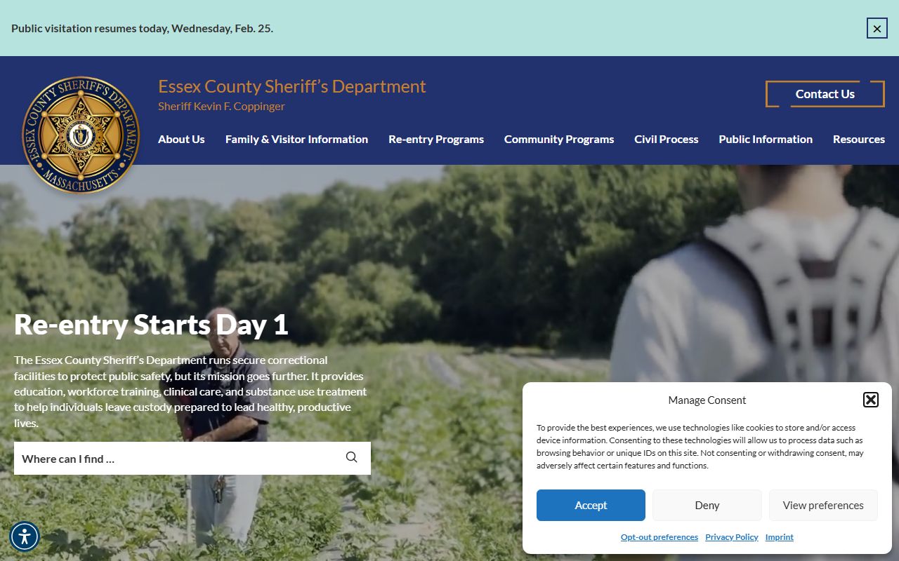 Essex County Sheriff's Office website for Lynn jail roster search