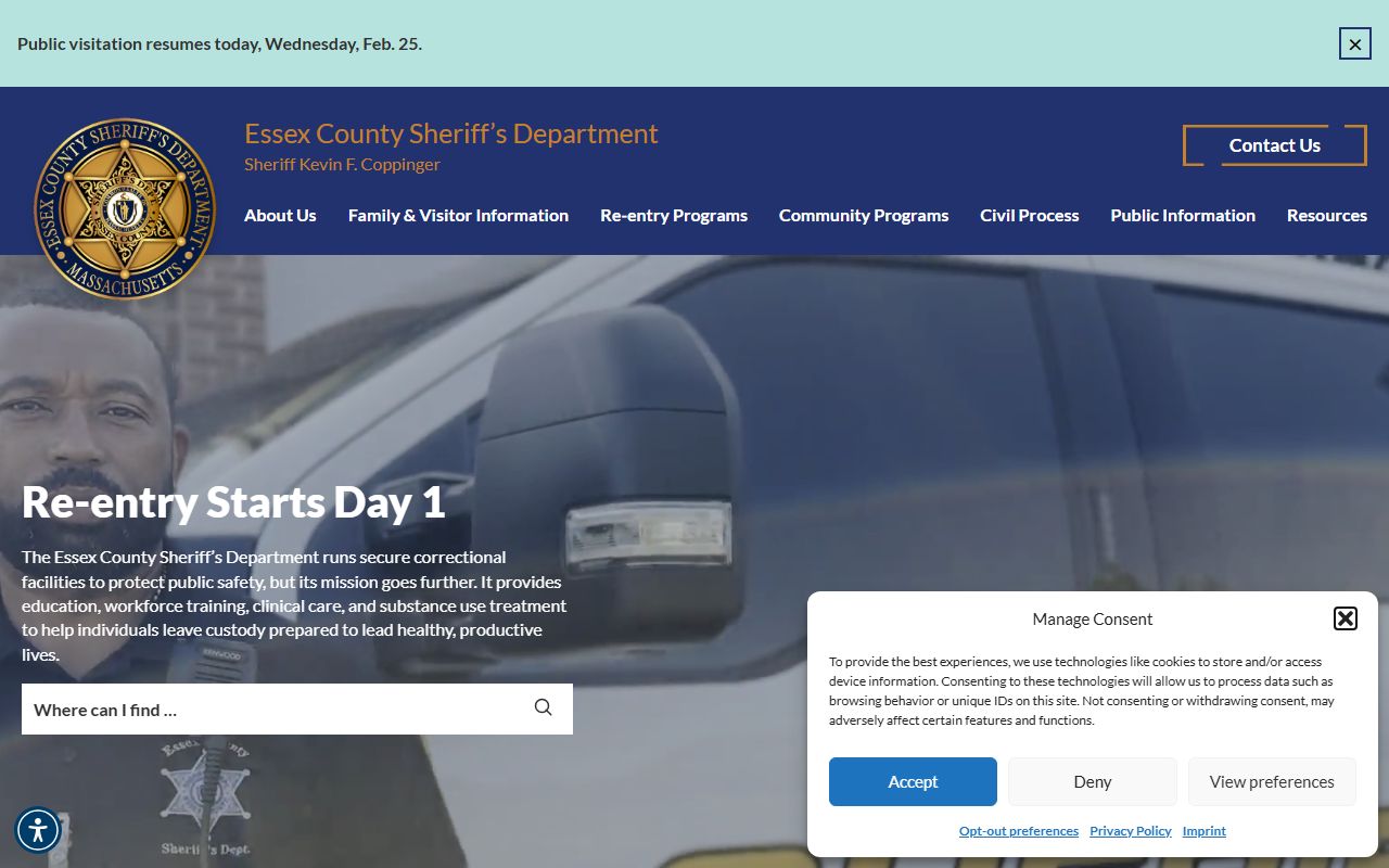 Essex County Sheriff's Office inmate search for Peabody jail roster