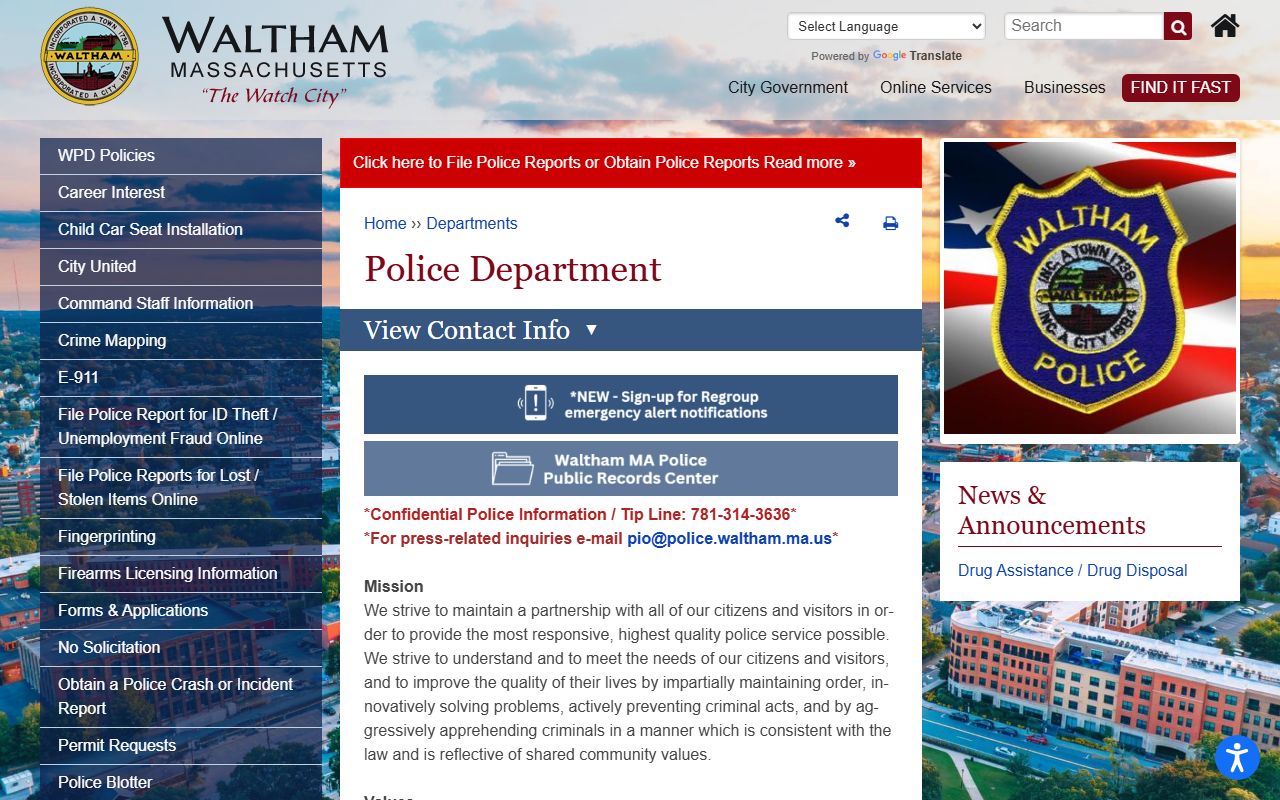 Waltham Police Department website for arrest records and jail roster information