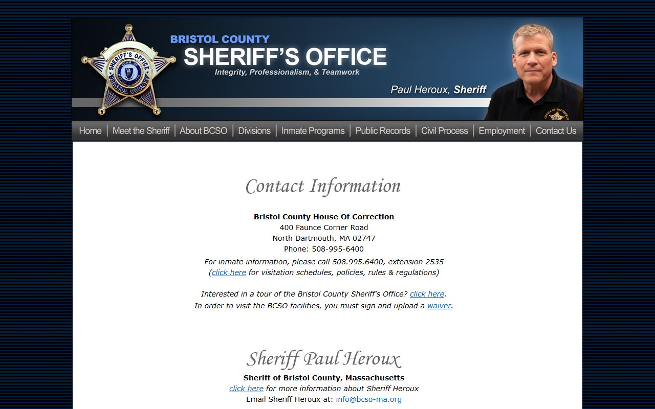 Bristol County Sheriff's Office contact page for jail roster inquiries