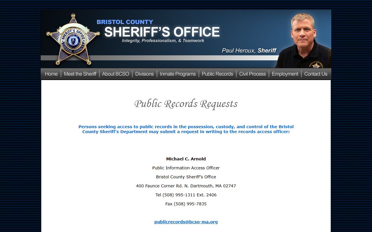 Bristol County Sheriff's Office public records request page for jail roster