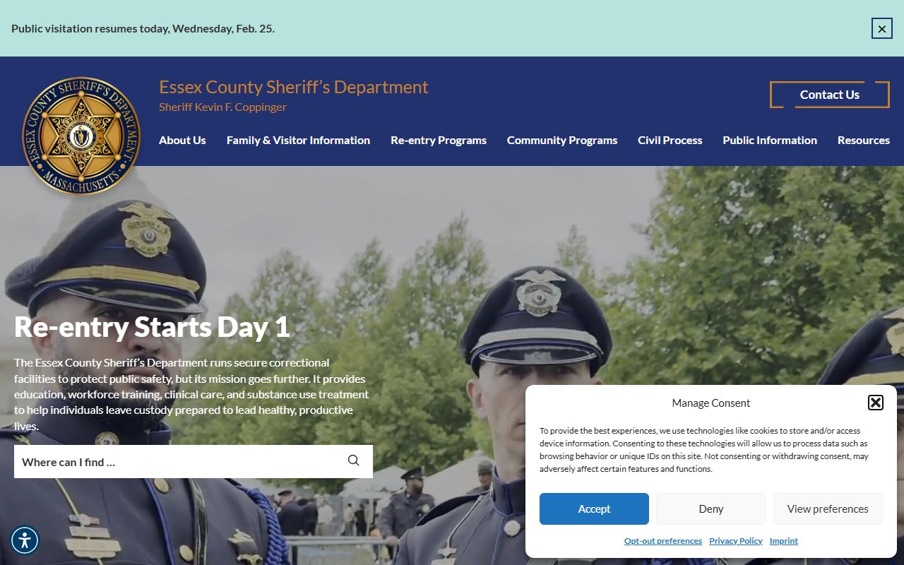 Essex County Sheriff's Office website for jail roster search