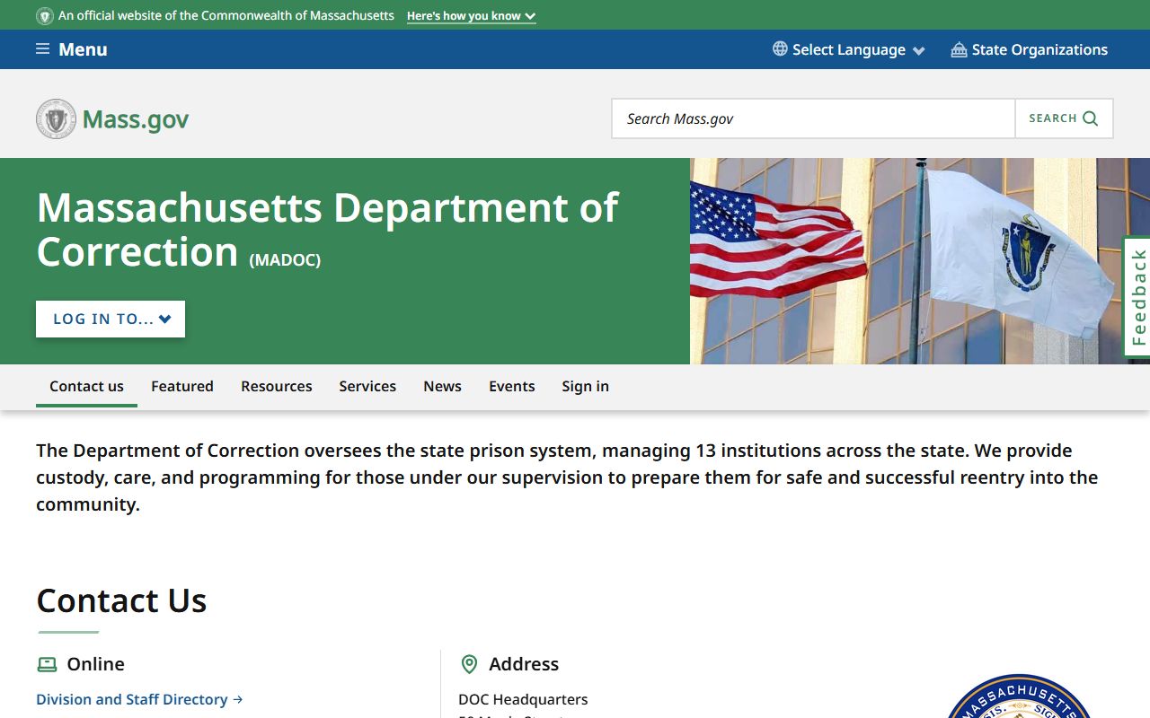 Massachusetts Department of Correction main page for jail roster search