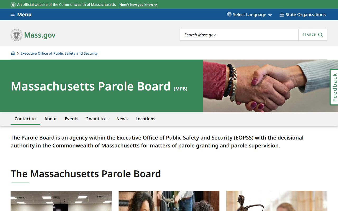 Massachusetts Parole Board website for inmate release and parole status records